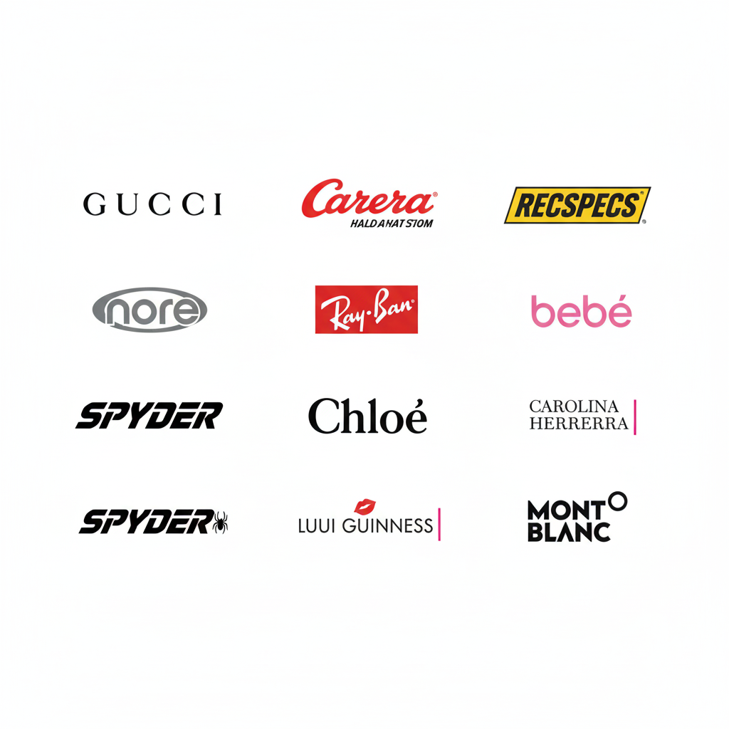 A collage of designer eyewear brand logos, including Gucci, Ray-Ban, and Chloé, available at our quality eye care center in Sugarloaf Mills Mall, serving Lawrenceville, Duluth, and Suwanee, GA.
