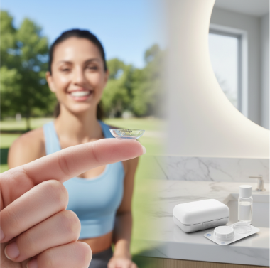 Close-up of a contact lens on a fingertip with a smiling person in the background outdoors, implying clear vision and an active lifestyle, alongside a contact lens case and solution in a modern bathroom setting, representing quality eye care."